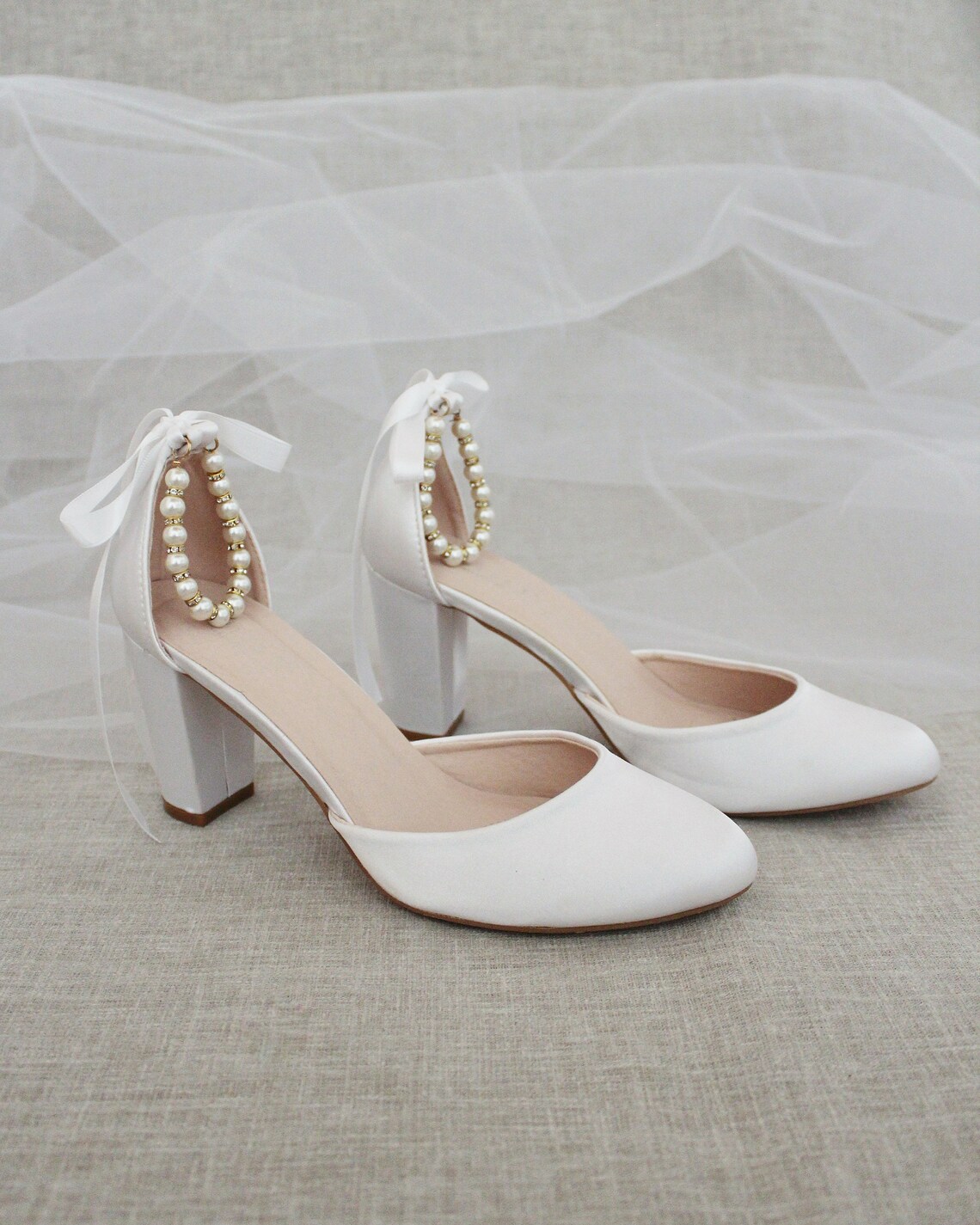 white satin block heels