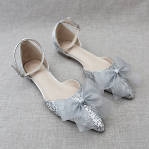 Silver Rock Glitter Pointy Toe Flats with Ankle Strap & Organza Bow, Wedding Shoes, Bride Shoes, Bridesmaids Shoes, Holiday SHoes