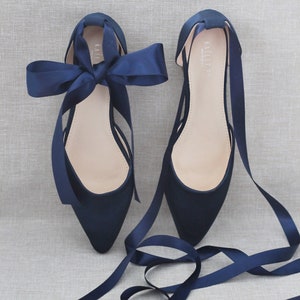 Navy Blue Satin Pointy Toe flats with Satin ANKLE TIE Or BALLERINA Lace Up, Fall Wedding Shoes, Navy Bridesmaid Shoes,  Navy Evening Flats