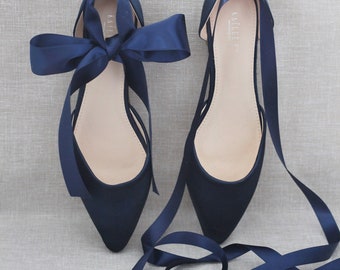 Navy Blue Satin Pointy Toe flats with Satin ANKLE TIE Or BALLERINA Lace Up, Fall Wedding Shoes, Navy Bridesmaid Shoes,  Navy Evening Flats