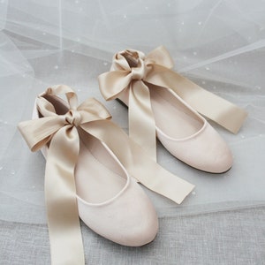 Women Shoes Champagne Satin Flats with Satin Ankle Tie or Ballerina Lace Up Bridal Shoes, Fall Wedding Shoes, Jr. Bridesmaids Shoes SATIN ANKLE TIE