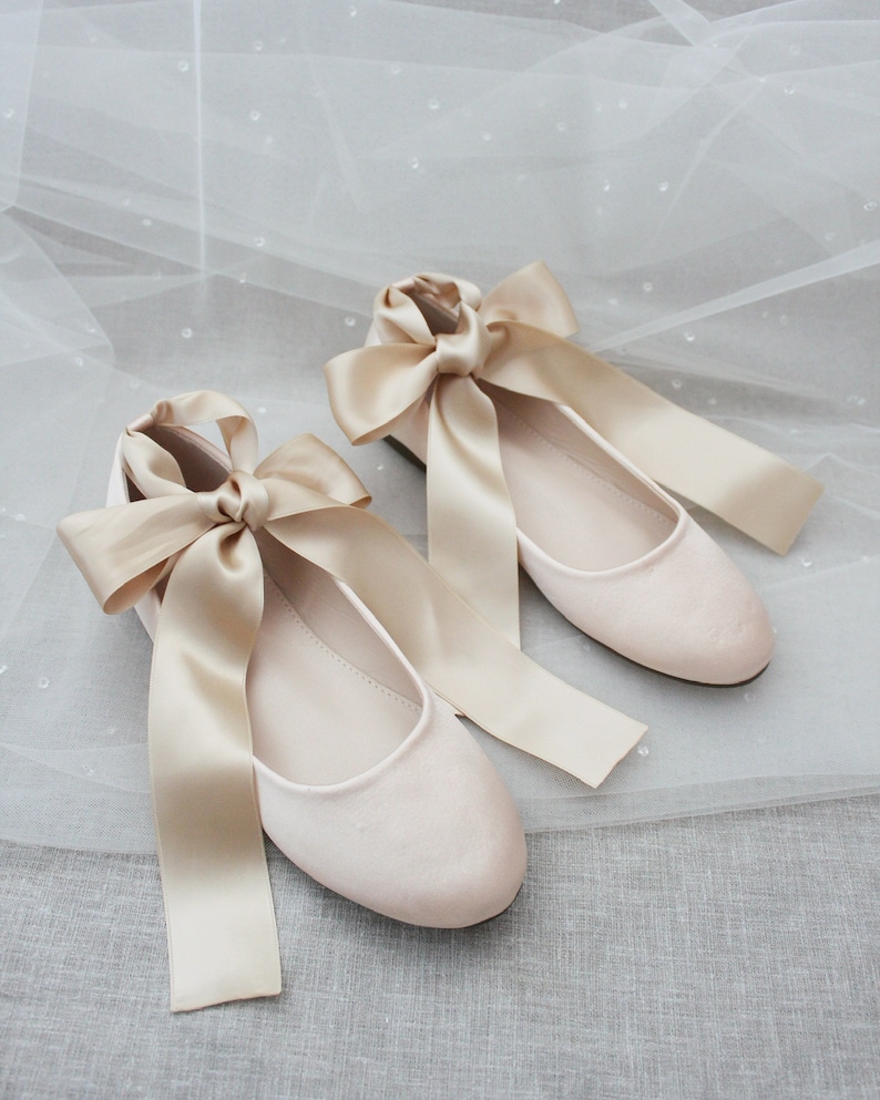 Women Shoes Champagne Satin Flats with Satin Ankle Tie or Ballerina Lace Up Bridal Shoes, Fall Wedding Shoes, Jr. Bridesmaids Shoes SATIN ANKLE TIE