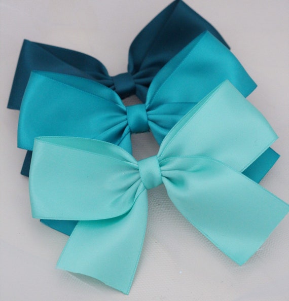 SATIN HAIR BOWS -  Blue Hair Clips, Blue Hair Bows, Turquoise Hair Bows, Flower Girls Bows, Party Bows, Baby Headband