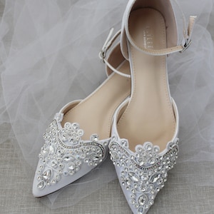 White Satin Pointy Toe Flats with Sparkly RHINESTONES APPLIQUE , Women Wedding Shoes, Bridal Shoes, White Bride Shoes, Satin Wedding Shoes