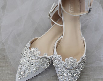 White Satin Pointy Toe Flats with Sparkly RHINESTONES APPLIQUE , Women Wedding Shoes, Bridal Shoes, White Bride Shoes, Satin Wedding Shoes