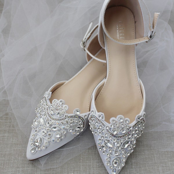 White Satin Pointy Toe Flats with Sparkly RHINESTONES APPLIQUE , Women Wedding Shoes, Bridal Shoes, White Bride Shoes, Satin Wedding Shoes
