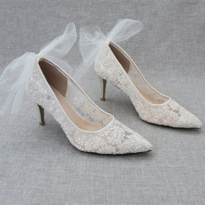 Ivory Crochet Lace Pointy toe PUMPS with Back TULLE Bow - Women Wedding Shoes, Bridesmaid Shoes, Bridal Shoes, Wedding Pump