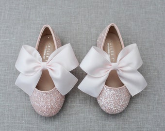 Mary-jane rose poudré pailleté avec noeud en satin pour bouquetières - Chaussures rose poudré, chaussures fille, chaussures de vacances, chaussures à paillettes