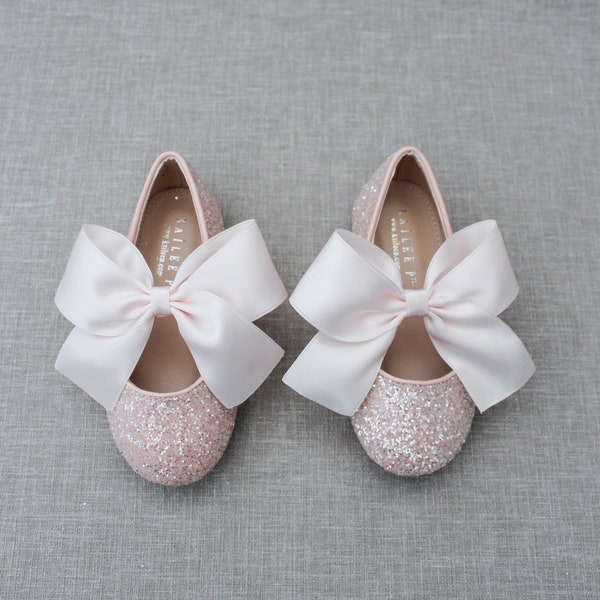 Dusty Pink Rock glitter mary-jane with satin bow for flower girls -  Blush Shoes, Girls Shoes, Holiday Shoes, Glitter Shoes