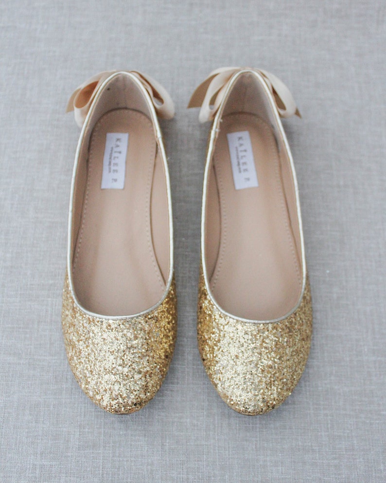 Gold Rock Glitter Flats With Satin Bow at Back Women Gold - Etsy