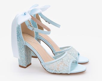 Light Blue Crochet Lace Block Heel Sandals with SATIN BACK BOW - Women Wedding Shoes, Bridesmaids Shoes, Bridal Shoes, Bridal Heels