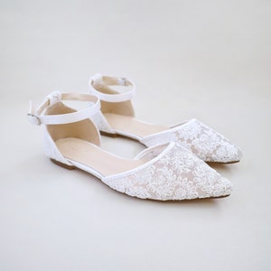 White Crochet Lace Pointy Toe Flats Women Wedding Shoes, Bridesmaid Shoes, Bridal Flats, Wedding Flats, Bridal Lace Shoes, Bride Shoes ANKLE STRAP