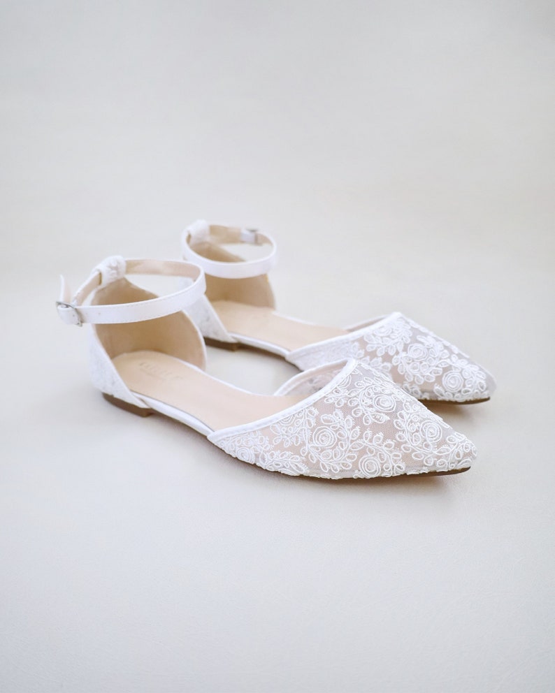 White Crochet Lace Pointy Toe Flats Women Wedding Shoes, Bridesmaid Shoes, Bridal Flats, Wedding Flats, Bridal Lace Shoes, Bride Shoes ANKLE STRAP