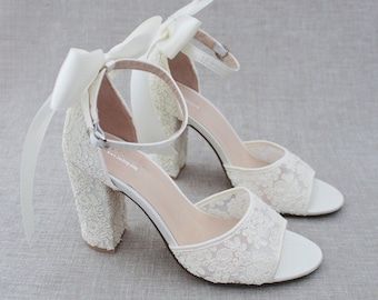 White & Ivory Crochet Lace Block Heel Sandals with SATIN BACK BOW - Women Wedding Shoes, Bridesmaids Shoes, Bridal Shoes, Bridal Heels