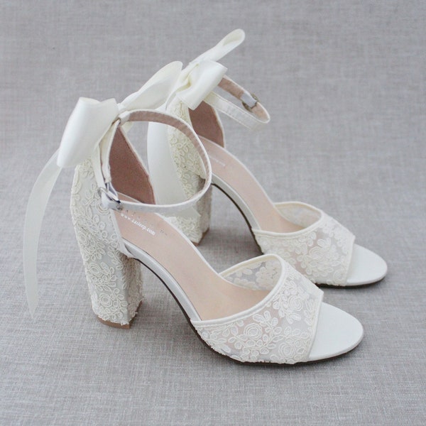 White & Ivory Crochet Lace Block Heel Sandals with SATIN BACK BOW - Women Wedding Shoes, Bridesmaids Shoes, Bridal Shoes, Bridal Heels