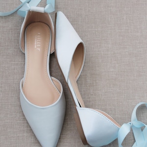 Light Blue Satin Pointy Toe flats with Satin ANKLE TIE Or BALLERINA Lace Up, Wedding Shoes, Something Blue, Blue Bridesmaids Shoes image 3