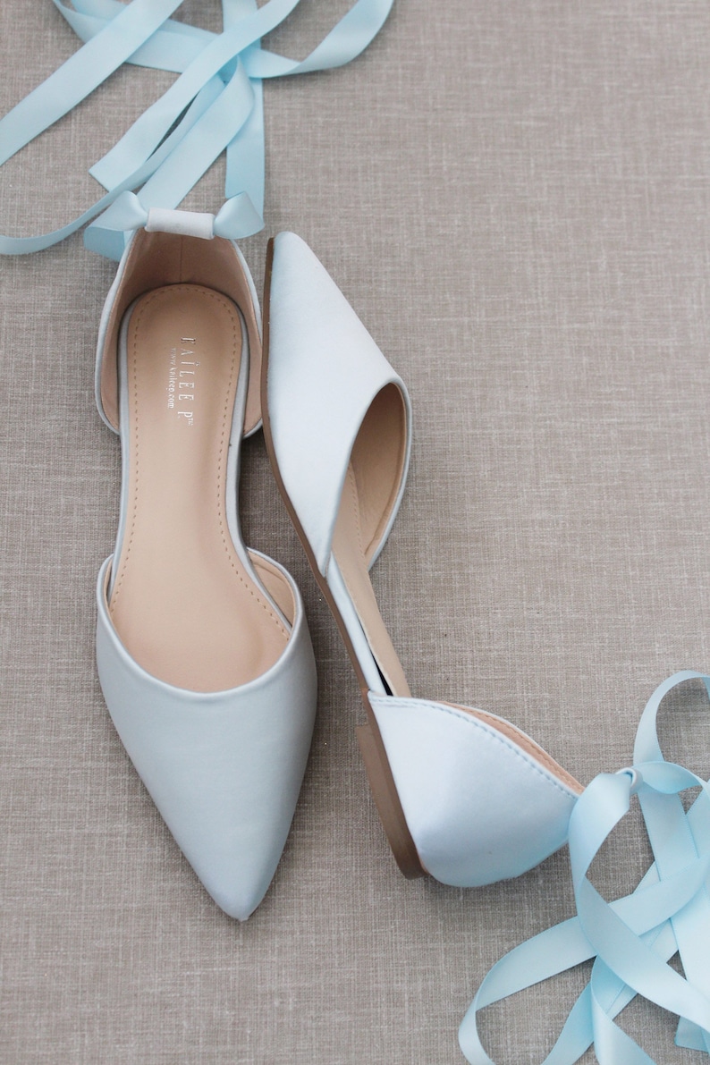 Light Blue Satin Pointy Toe flats with Satin ANKLE TIE Or BALLERINA Lace Up, Wedding Shoes, Something Blue, Blue Bridesmaids Shoes image 3