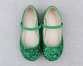 Green Rock Glitter Mary Jane Flats - Flower Girls Shoes, Halloween Shoes, Toddler Shoes, Party Shoes, Holiday Shoes