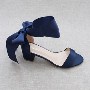 Navy Satin Block Heel Sandal With WRAPPED SATIN TIE, Bridesmaid Shoes ...
