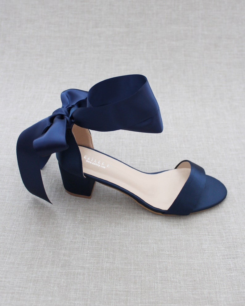 Navy Satin Block Heel Sandal With WRAPPED SATIN TIE - Etsy