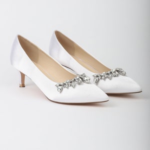White Satin Pointy Toe Pump Low Heels with TEARDROP RHINESTONE, Women Wedding Shoes, Bridesmaids Shoes