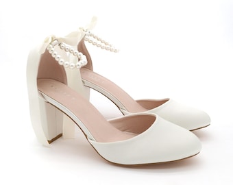 Ivory Satin Block Heel with All Pearls Ankle Strap, Women Wedding Shoes, Bridal Shoes, Bridal Heels, Bride Heels