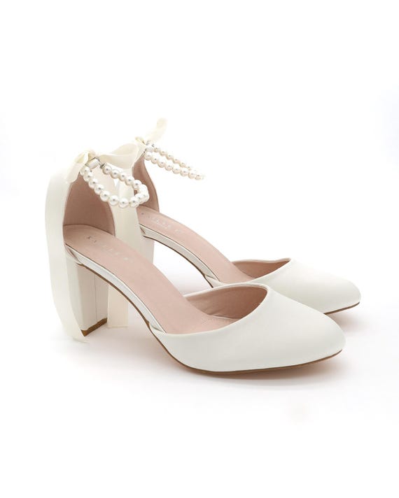 Ivory Satin Block Heel with All Pearls Ankle Strap, Women Wedding Shoes, Bridal Shoes, Bridal Heels, Bride Heels
