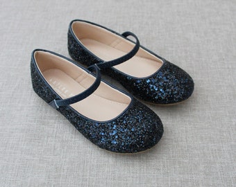 Navy Blue Rock Glitter Maryjane Flats for Flower Girls Shoes, Fall Girls Shoes, Holiday Shoes