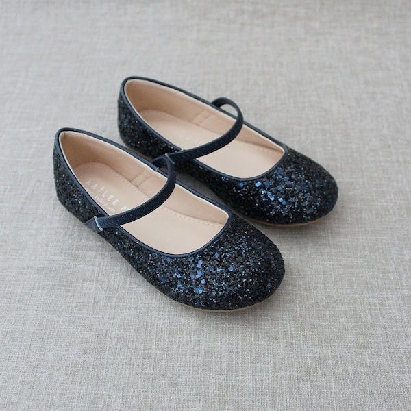 Navy Blue Rock Glitter Maryjane Wohnungen für Blumenmädchen, Mädchenschuhe, Urlaub Schuhe