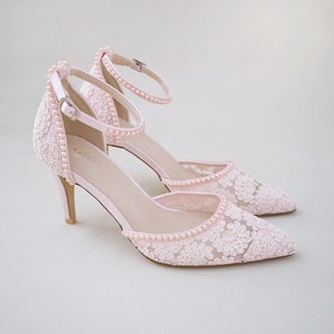 Dusty Pink Crochet Lace Pointy toe HEELS with Mini Pearls - Women Wedding Shoes, Bridesmaid Shoes, Pink Bridal Shoes