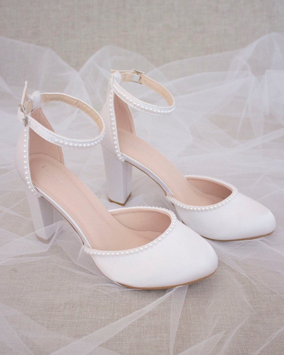 White Satin Block Heel With Mini Pearls Women Wedding Shoes - Etsy