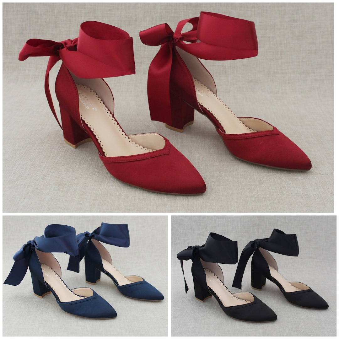 Satin Almond Toe Block Heel With Wrapped Ribbon Tie Fall - Etsy