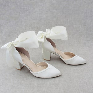 Ivory Satin Almond Toe Wedding Block Heel with Wrapped Ribbon Tie, Women Wedding Shoes, Bridesmaid Shoes, Bridal Shoes, Wedding Heels