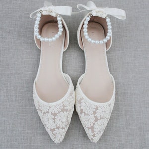 Ivory Crochet Lace Pointy Toe Flats Women Wedding Shoes, Bridesmaid ...