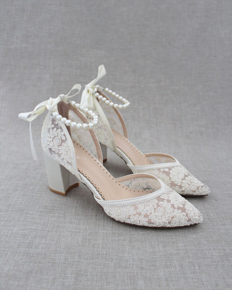 Ivory Crochet Lace Almond Toe Block Heel With Pearl Ankle - Etsy