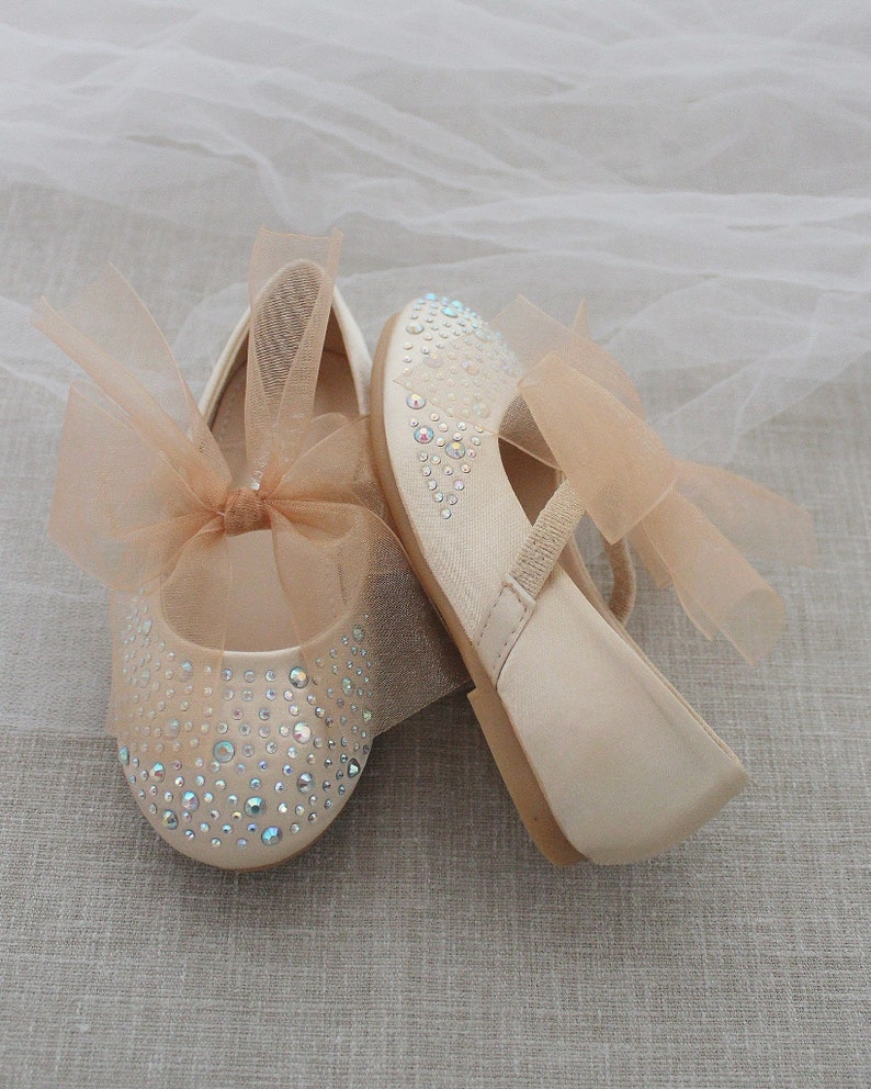 Champagne Satin Mary Jane Flats With CHIFFON BOW and Rhinestones, Fall ...