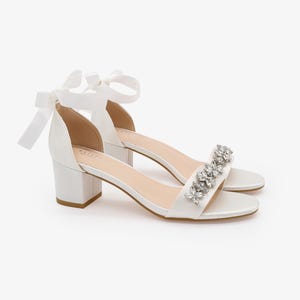 White Satin Block Heel Sandals with FLORAL RHINESTONES on Upper Strap, Flower Girls Shoes, Jr.Bridesmaid Shoes, Wedding Sandals, Women Shoes RIBBON BACK TIE