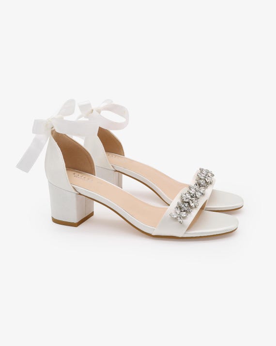 White Satin Block Heel Sandals with FLORAL RHINESTONES on Upper Strap, Flower Girls Shoes, Jr.Bridesmaid Shoes, Wedding Sandals, Women Shoes