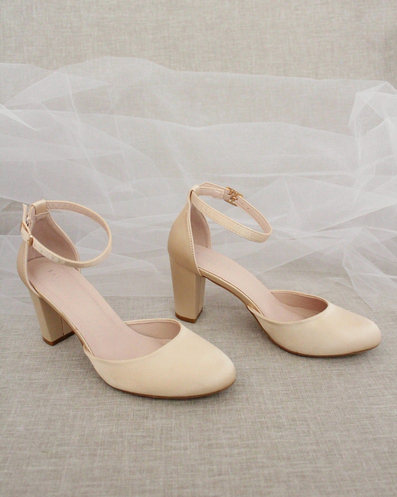 champagne satin block heels