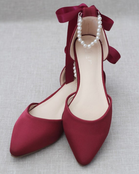Burgundy Satin Pointy Toe Flats With ALL PEARLS Ankle Strap, Fall