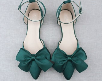 Hunter Green Satin Pointy Toe flats with Front Satin Bow, Fall Wedding Shoes, Holiday Shoes, Bridal Shoes, Bridesmaid Shoes, Women Shoes