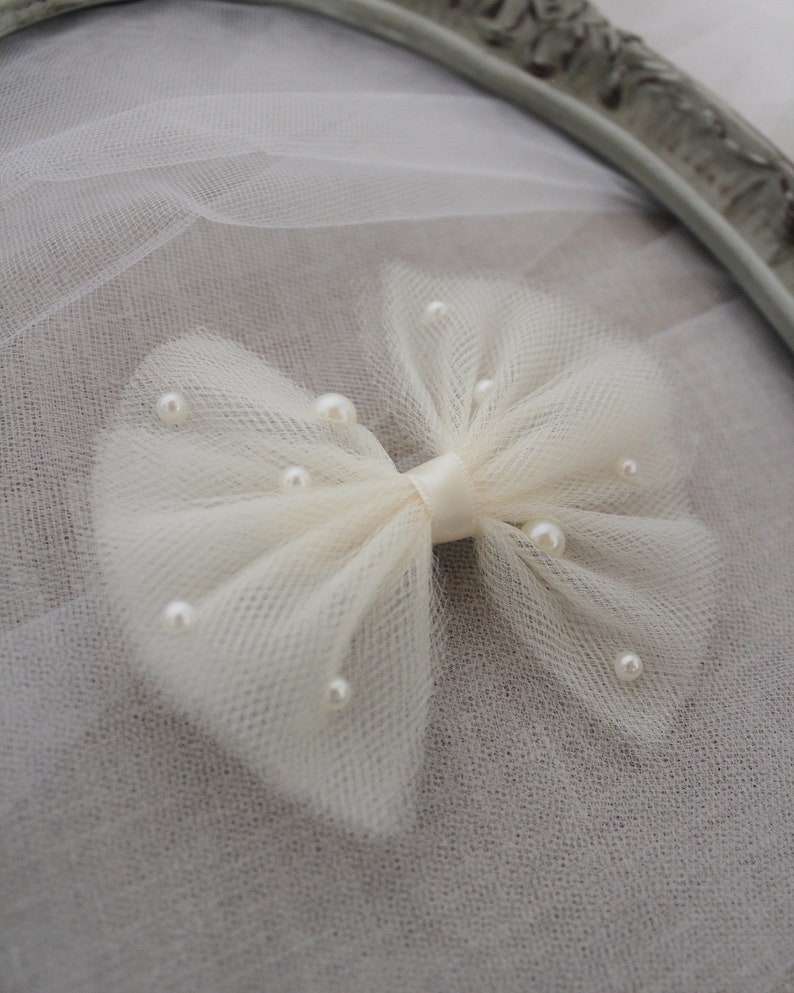 BUTTERFLY TULLE BOW with Scattered Pearls Hair Clips, Holiday Hair Bows, Flower Girls Bows, Party Bows, Baby Headband image 3