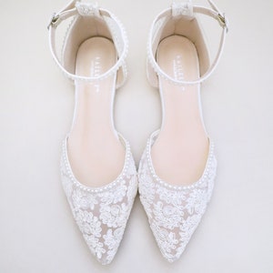 White Crochet Lace Pointy toe flats with MINI PEARLS, Women Wedding Shoes, Bridal Flats, Bride Shoes, Lace Flats image 2