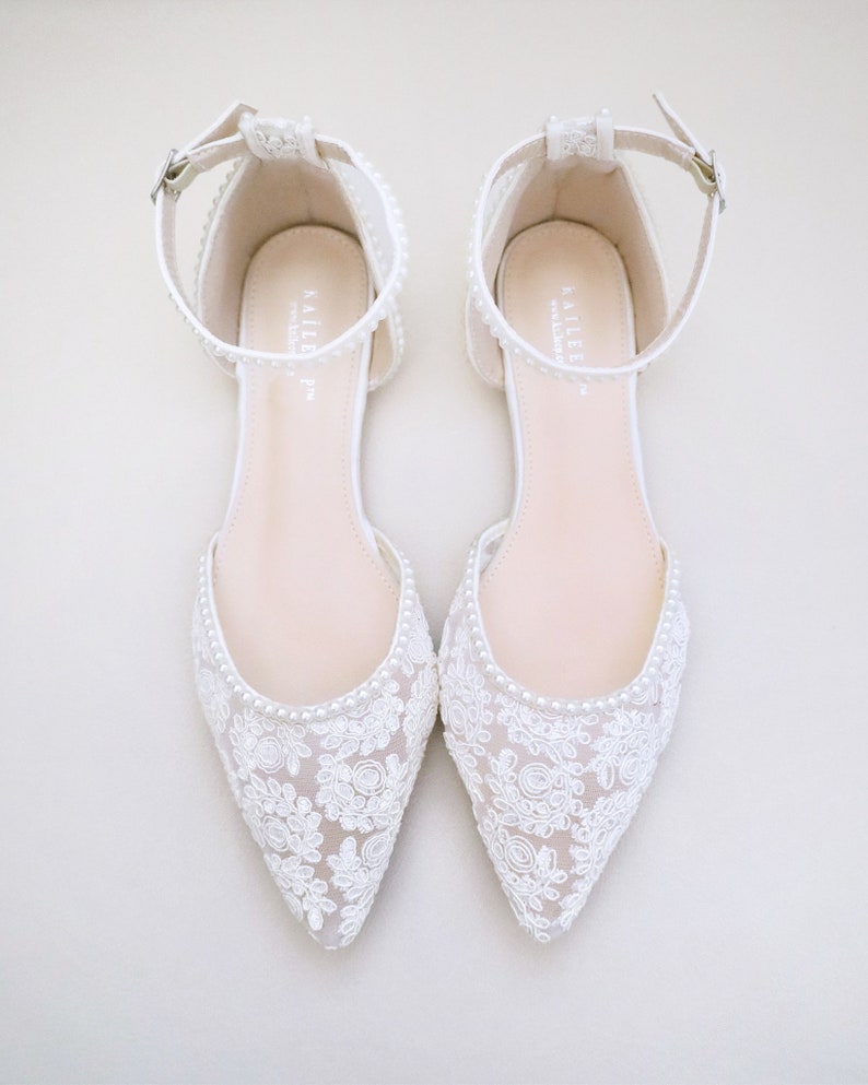 White Crochet Lace Pointy toe flats with MINI PEARLS, Women Wedding Shoes, Bridal Flats, Bride Shoes, Lace Flats image 2