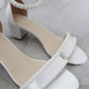 Women & Kids Shoes White Satin Block Heel Sandal with PEARLS, Women Sandals, Wedding Sandals, Flower Girls Shoes, Mommy and Mini Shoes image 2