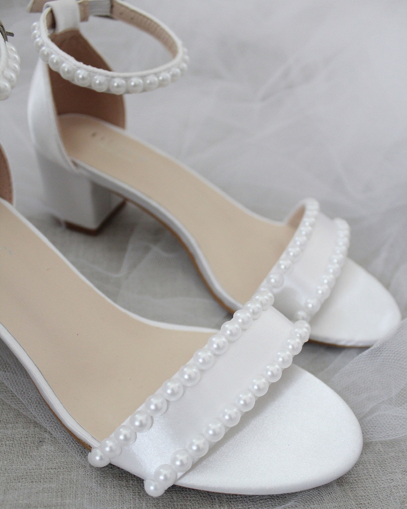 Women & Kids Shoes White Satin Block Heel Sandal with PEARLS, Women Sandals, Wedding Sandals, Flower Girls Shoes, Mommy and Mini Shoes image 2