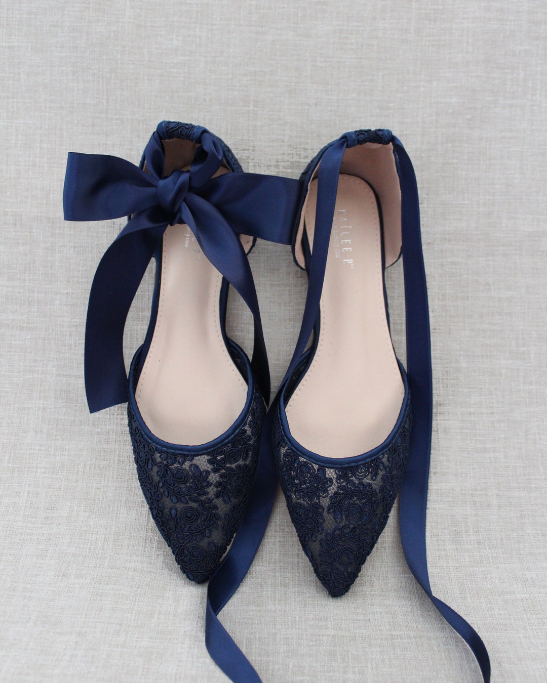 Navy Crochet Lace Pointy Toe Flats Women Wedding Shoes, Bridesmaid ...