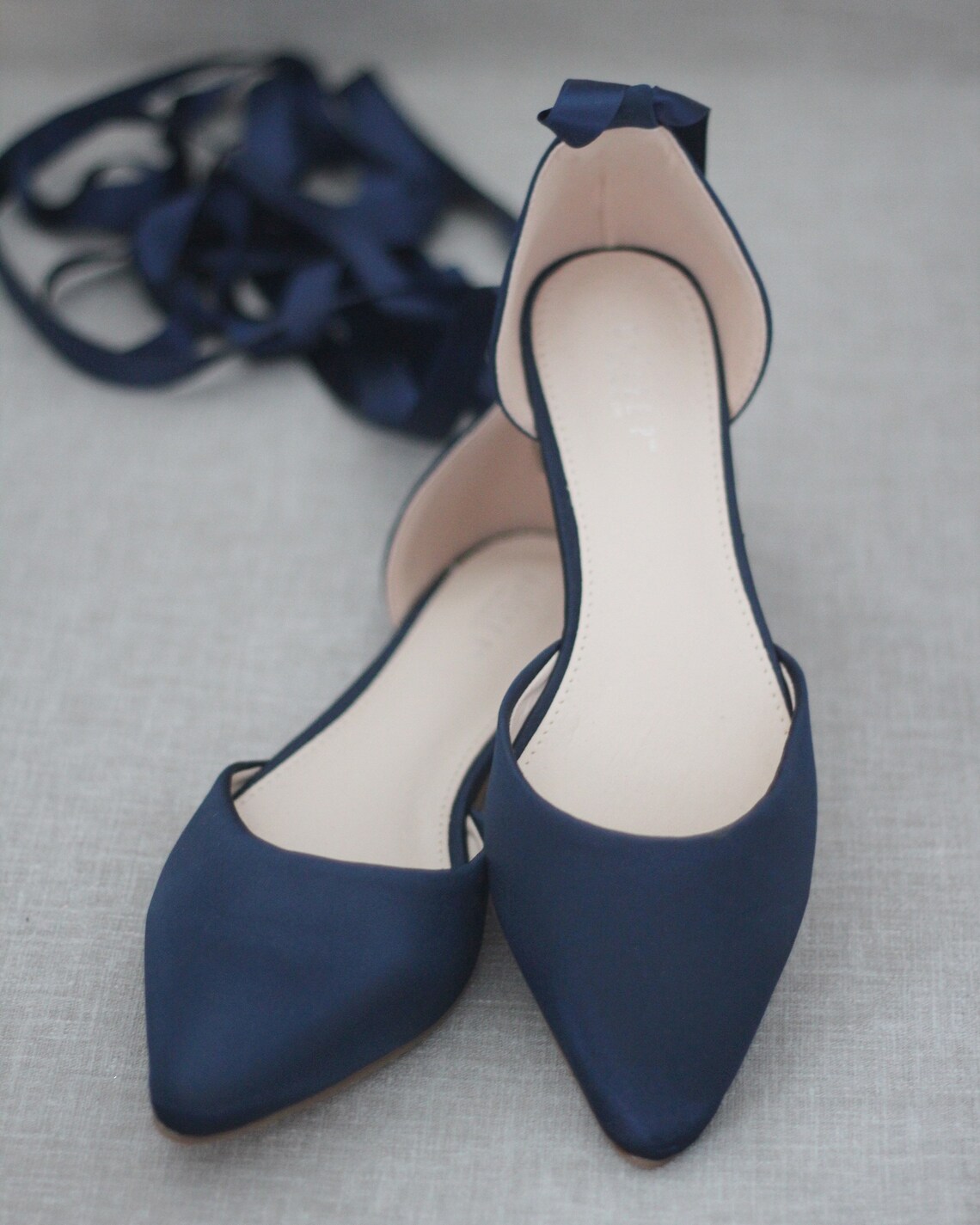 Navy Blue Satin Pointy Toe Flats With Satin ANKLE TIE or Etsy UK