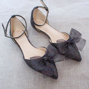 Black Rock Glitter Pointy Toe Flats With Ankle Strap & Organza Bow ...