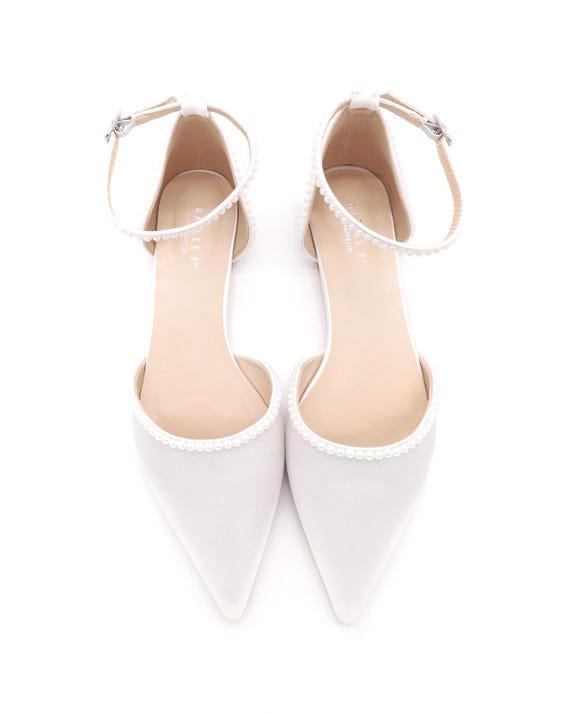 White Satin Pointy Toe Flats with MINI PEARLS and Ankle Strap Women  Wedding Shoes, Bridal Shoes, Bridal Flats, White Shoes